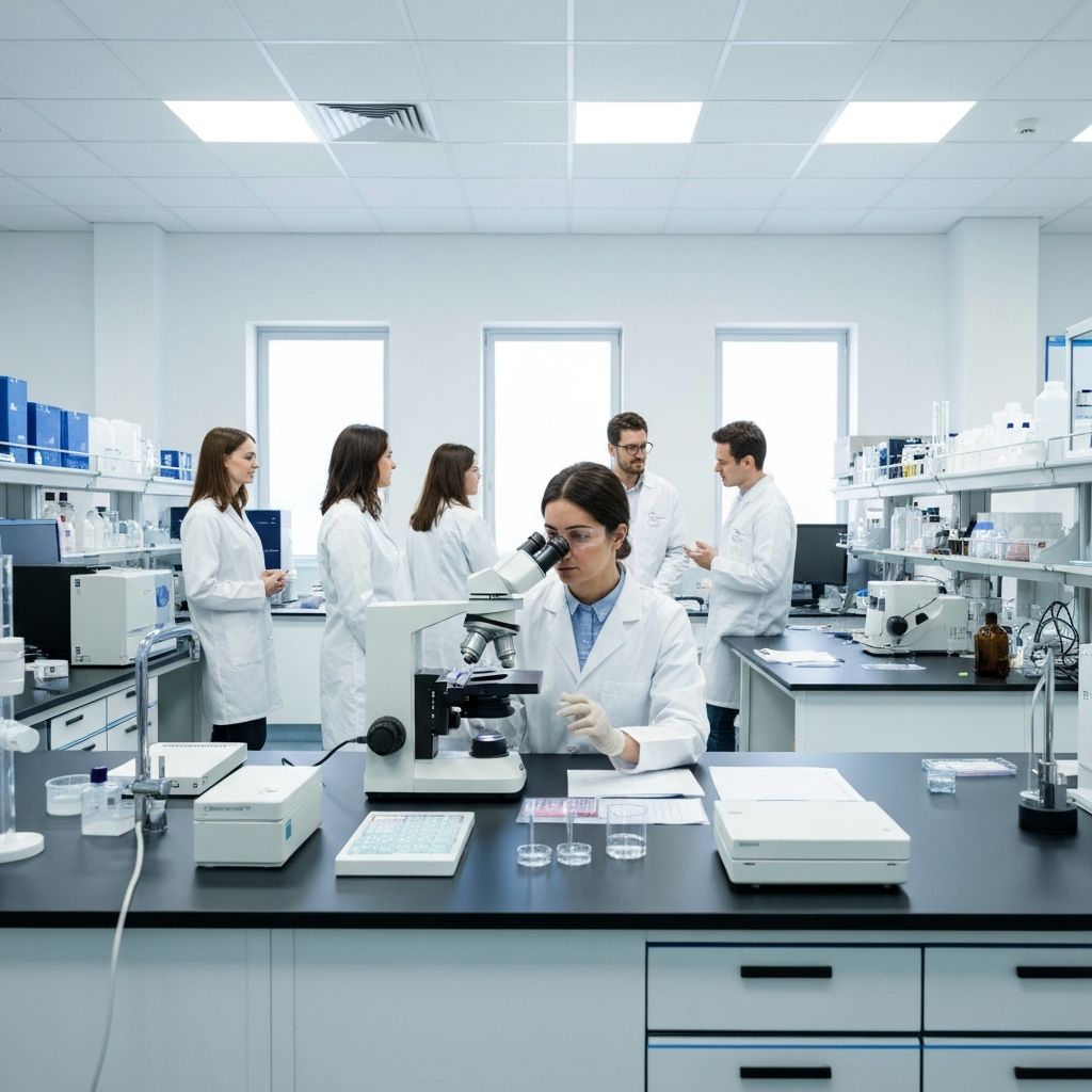 Modern life sciences laboratory with microscope and research equipment